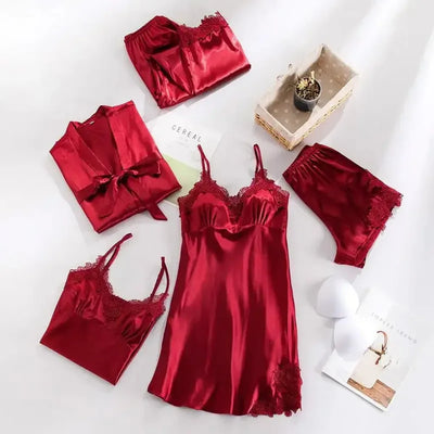 Red satin five-piece pajama loungewear set with floral lace cami and robe
