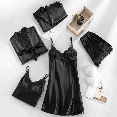 Black satin five-piece pajama set with tonal lace cami, robe, and two shorts