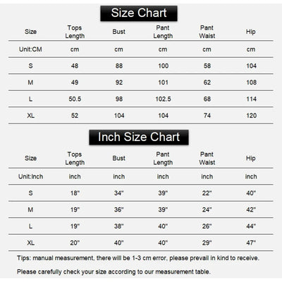 Size chart for satin cami pajama set showing bust, waist, hip and length in inches and centimeters