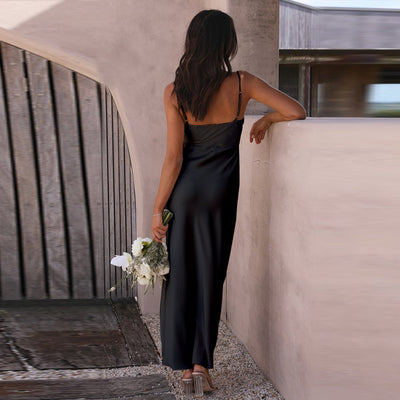 Black Satin Gown with Thigh High Slit