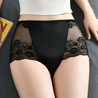 Front view of black lace panel satin panties with floral mesh sides on a model