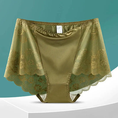 Flat lay of olive green satin panties with wide floral lace panels and scalloped hem