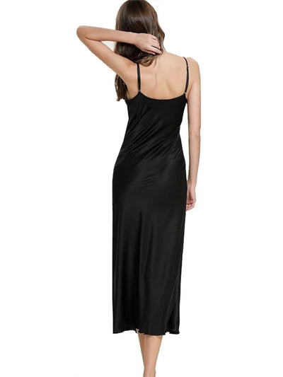Back view of black satin midi nightgown showing open back and adjustable spaghetti straps