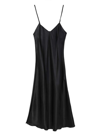 Flat lay of black satin midi nightgown with V-neckline and thin straps on white background