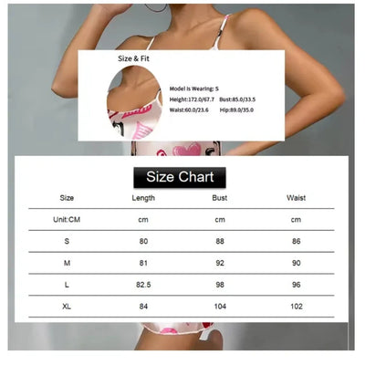 Size chart for graffiti heart print satin nightgown showing S to XL bust and length measurements