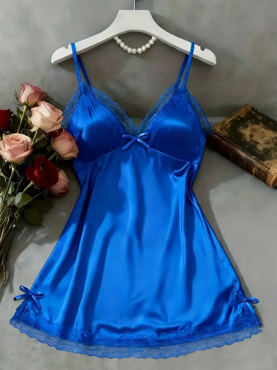 Royal blue satin nightgown with lace trim and bow details displayed on hanger