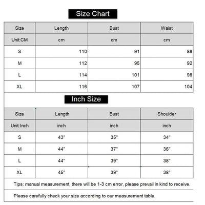 Size chart for navy satin nightgown showing S to XL measurements in cm and inches