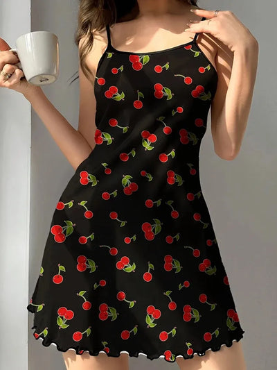 Front view of black cherry print satin nightgown, model holding white coffee mug