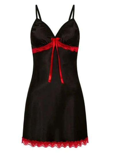 Black satin mini nightgown with deep V-neckline, red lace trim at underbust and hem, red satin bow at center front, adjustable straps