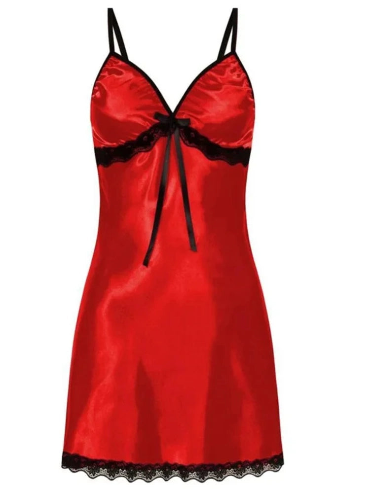 Red satin mini nightgown with black lace trim, bow detail, and deep V-neckline on white background