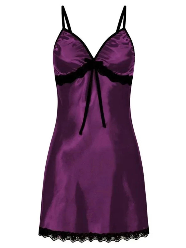 Purple satin mini nightgown with deep V-neck, black lace hem trim, and bow detail at center front