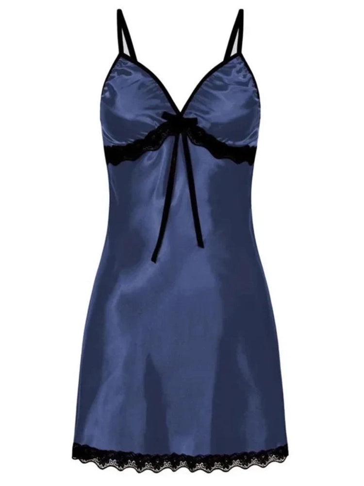 Navy blue satin slip nightgown with black lace trim, bow tie at bust, thin adjustable straps, mini length