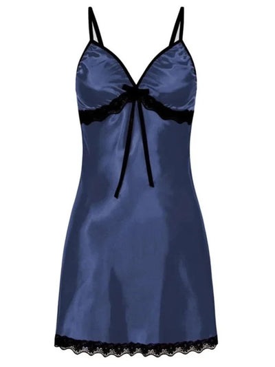 Navy blue satin slip nightgown with black lace trim, bow tie at bust, thin adjustable straps, mini length