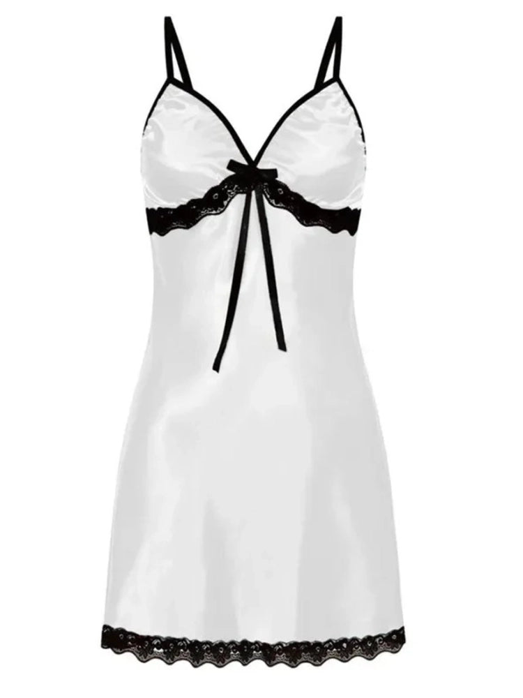 White satin mini nightgown with black lace trim, bow detail, and V-neckline on white background