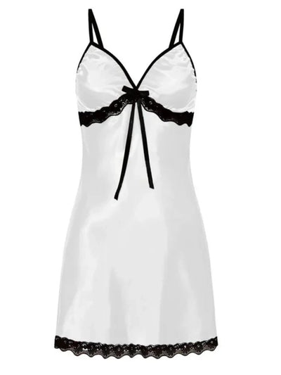 White satin mini nightgown with black lace trim, bow detail, and V-neckline on white background