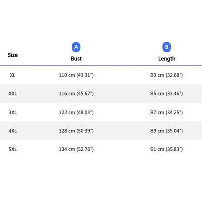 Size chart showing bust and length measurements for XL through 5XL in centimeters and inches