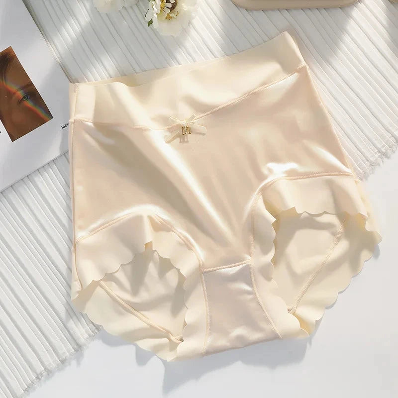 Cream high-waist satin panties with scalloped leg edges and small bow detail, flat lay>