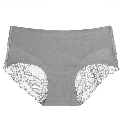 Single gray satin panty with white floral lace side inserts, front view