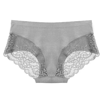 Gray satin panty with wide floral lace side panels, back view on white background