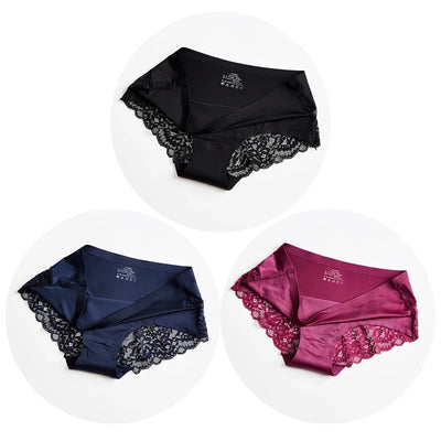 Three satin panties with black lace trim in black, navy, and burgundy colorways