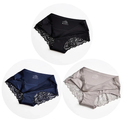Three satin panties with black lace trim in black, navy, and taupe colorways