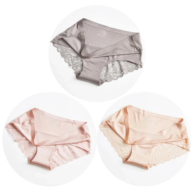 Three satin panties with matching lace trim in taupe, blush, and champagne colorways