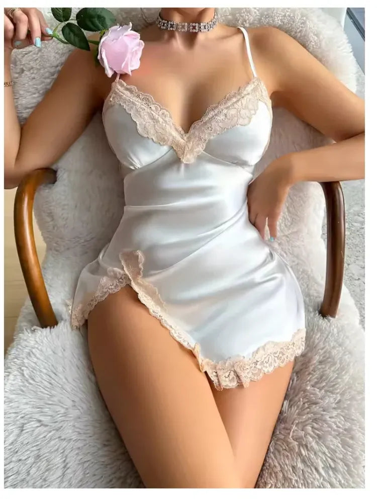 White halter-neck mini satin nightgown with ivory lace trim at neckline and hem