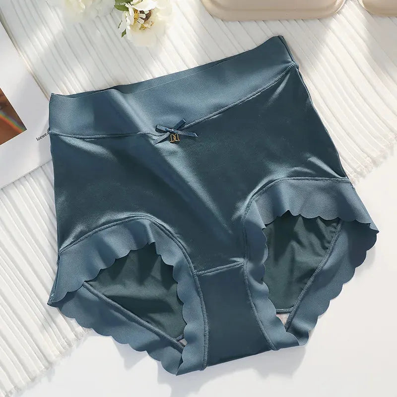 Steel blue high-waist satin panties with scalloped hem and small bow detail