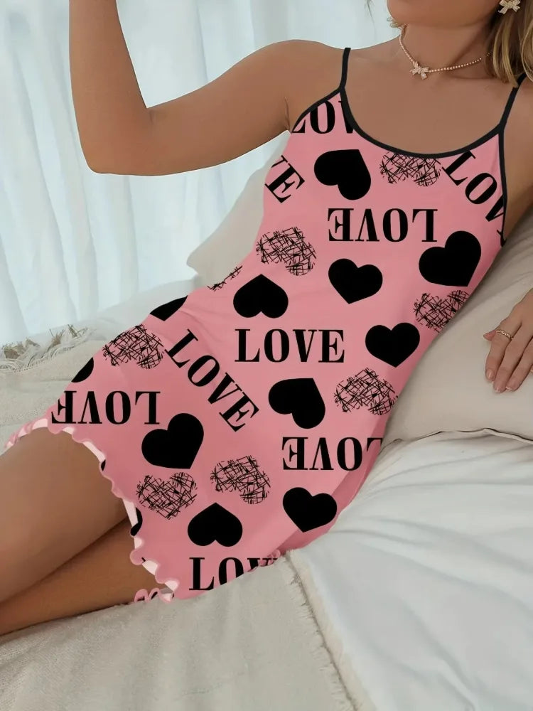 Pink satin mini nightgown with black love and heart print, lettuce hem, thin straps