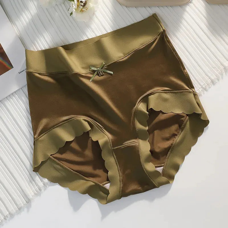 Olive high-waist satin panties with scalloped leg trim and center bow detail