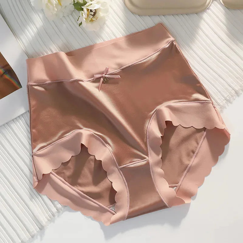 Blush high-waist satin panties with scalloped trim and small bow accent, flat lay