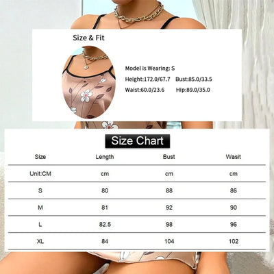 Size chart for hot pink butterfly print mini nightgown showing S to XL bust and waist measurements