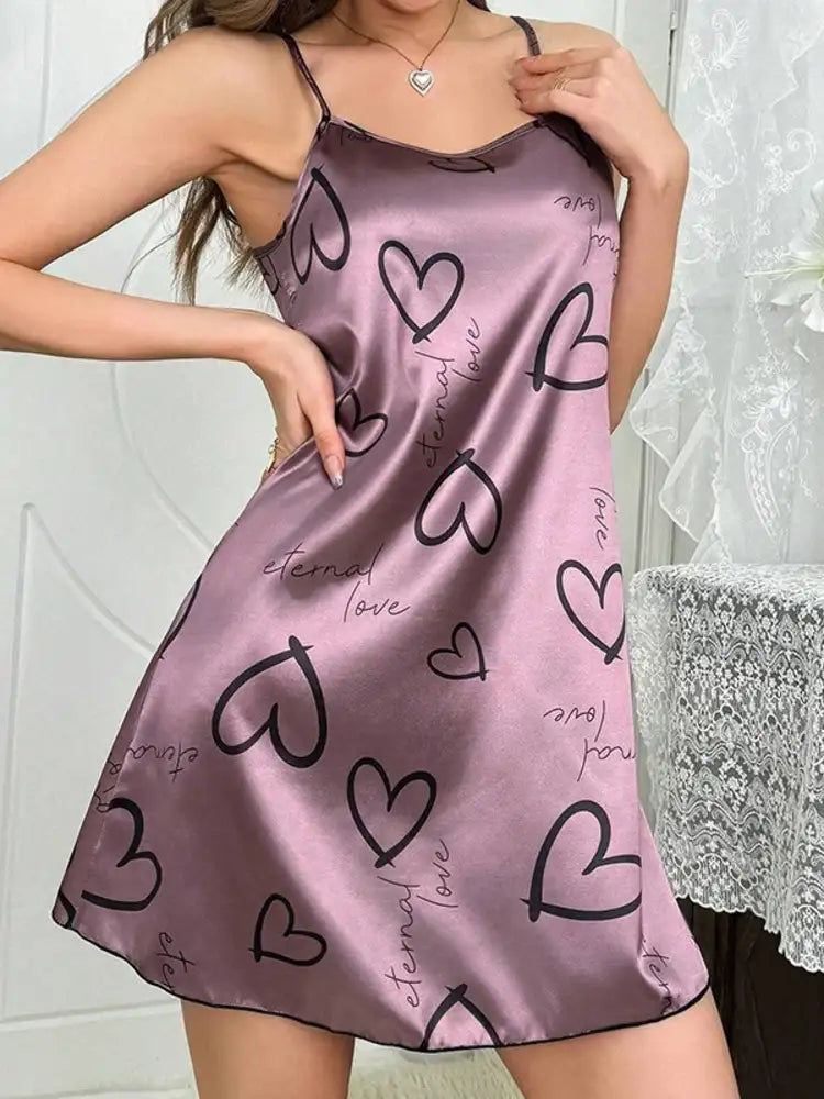 Dusty pink satin mini nightgown with black heart print and eternal love script, adjustable spaghetti straps, scoop neckline