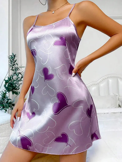 Lavender satin mini nightgown with purple heart print and adjustable spaghetti straps