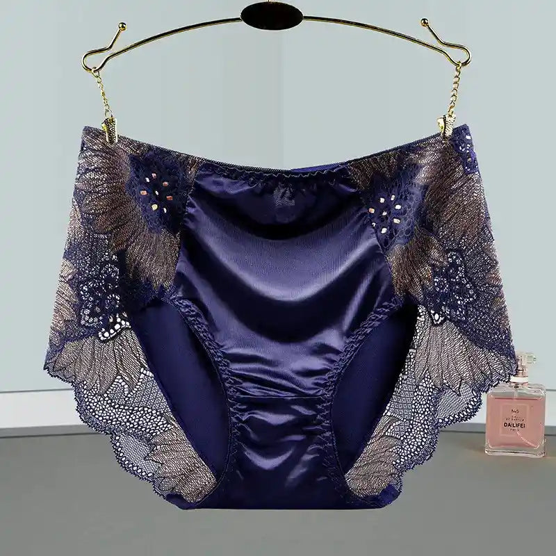 Navy blue satin panties with floral lace side panels and scalloped edges on a display hanger