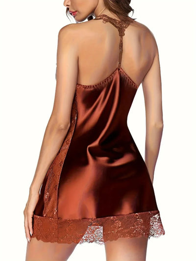 Open halter back of rust satin mini nightgown with lace neckline detail, rear view