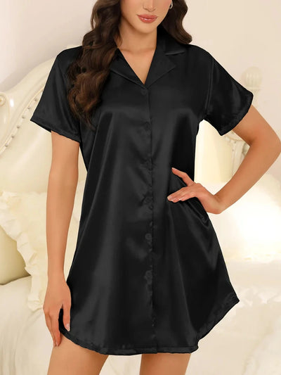 Front view of black satin short nightgown with notched collar and full button placket, mid-thigh length