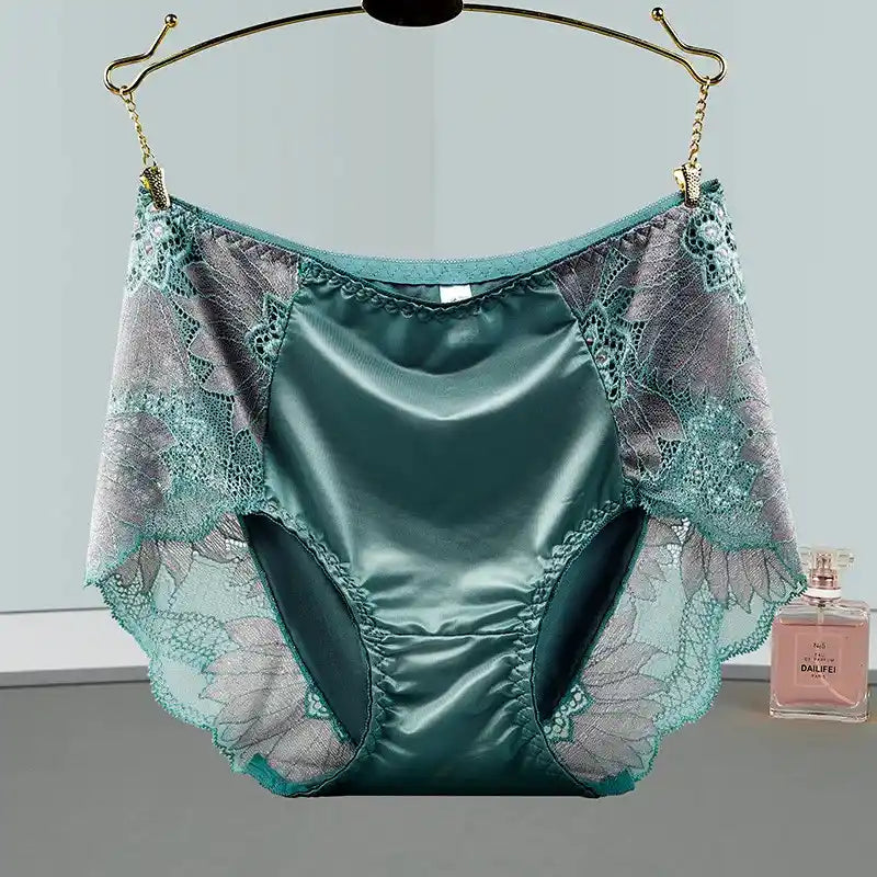 Teal satin panties with wide floral lace wing side panels hanging on gold display hanger