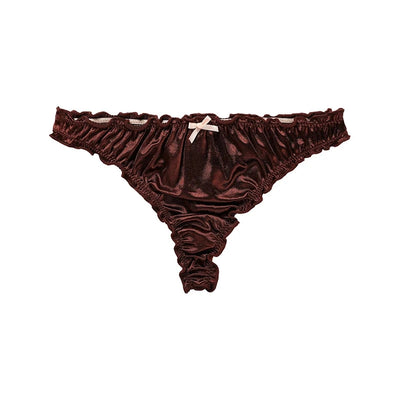 Product shot of dark burgundy satin ruffled thong panties with bow detail on white background
