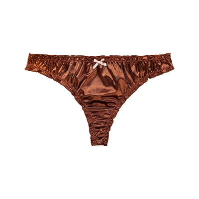Product shot of chocolate brown satin thong panties with ruffled waistband and bow on white background