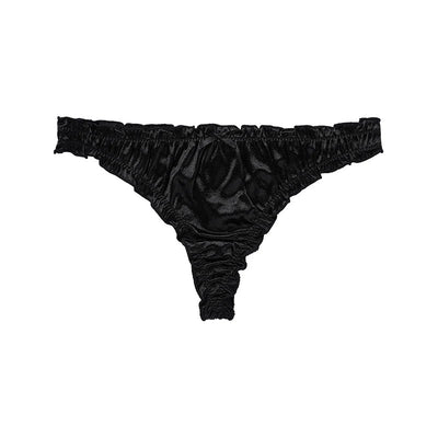 Product shot of black satin ruffled thong panties with elasticated waistband on white background