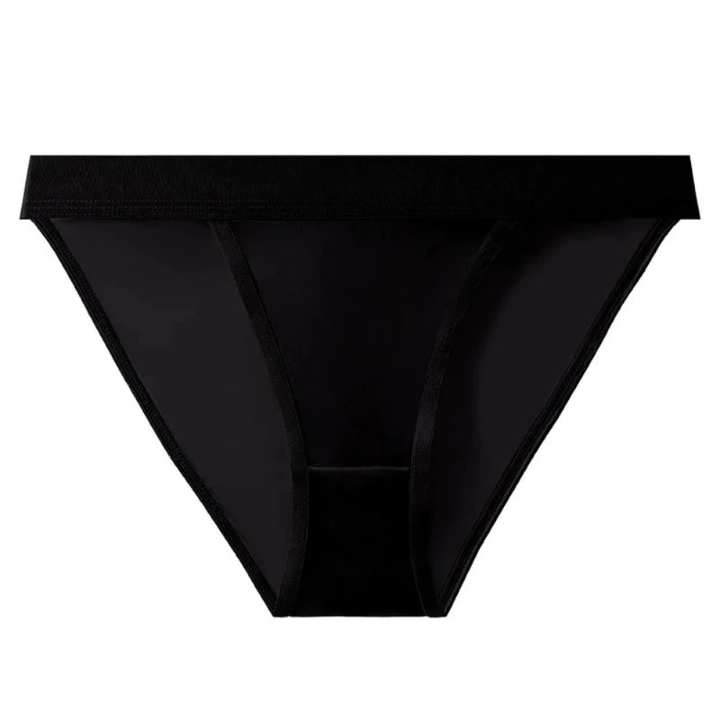 Black low-rise satin bikini panties with glossy finish and flat waistband, front view