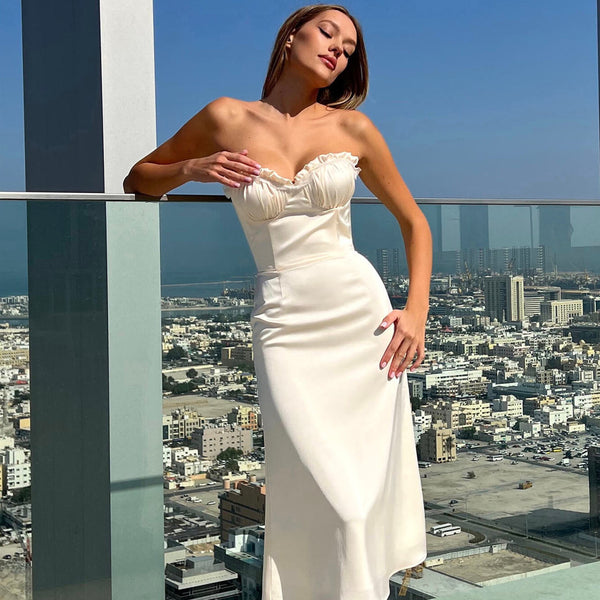 Ivory Satin Bustier Gown with Ruched Bodice Detail