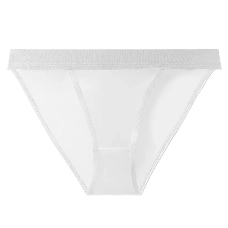 White sheer mesh bikini panties with glossy satin center panel and wide elastic waistband
