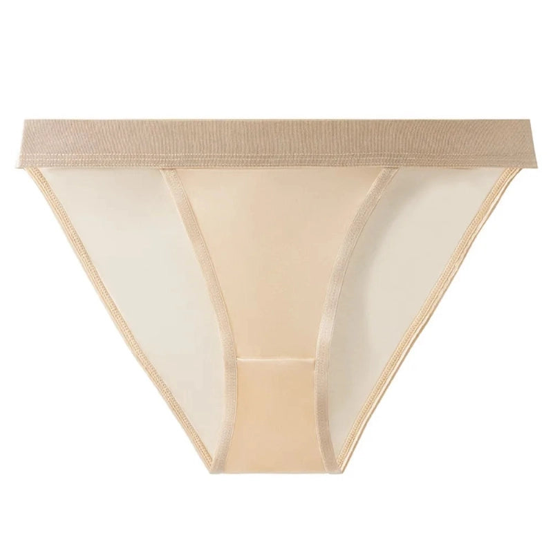 Nude low-rise bikini satin panties with ribbed waistband and sheer side panels, flat lay front view
