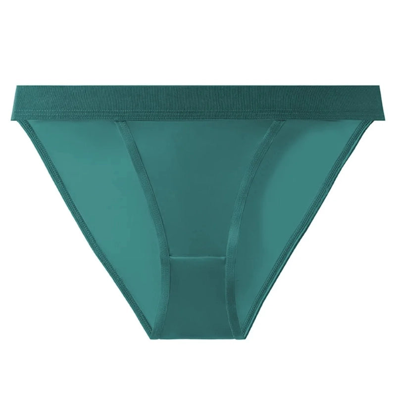 Teal bikini panties with ribbed waistband and smooth satin front panel, flat lay