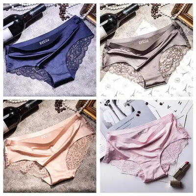 Four-panel grid showing navy, taupe, blush pink, and pink satin panties with lace sides