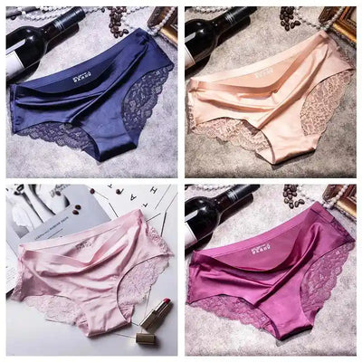 Four-panel grid showing navy, nude, pink, and rose purple satin panties on stone surface