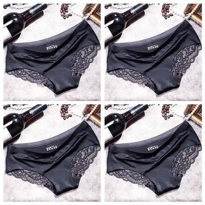 Four-panel grid of black satin panties with scalloped lace showing size scale differences