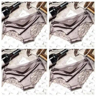 Four-panel grid of taupe satin panties with lace hip panels on Paris-print paper